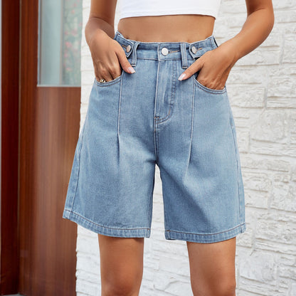 Short en jean délavé à taille réglable pour printemps et été