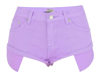 Ropa de mujer Pantalones cortos de mezclilla de cintura baja Pantalones de playa sueltos no elásticos con bolsillo expuesto y rizado Macaron Pink