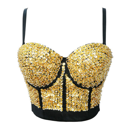 Golden Silver Starry Beaded Bra Costumes Sexy Tube Top Boning Corset Sling Women