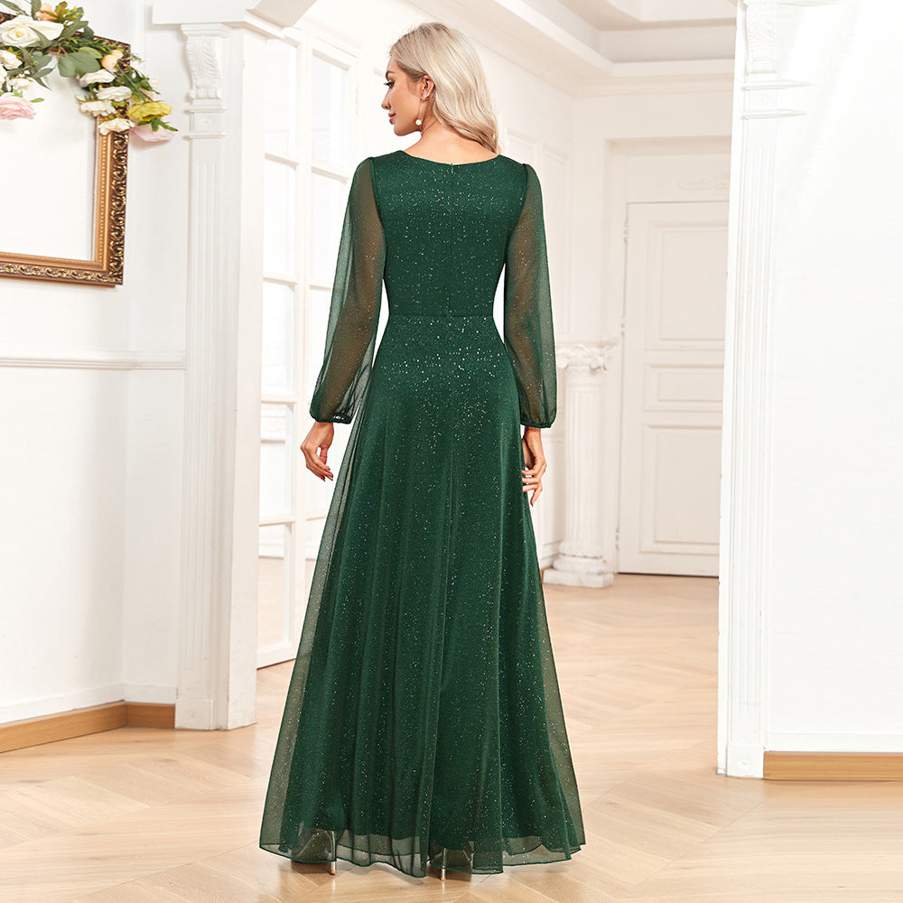 Women Elegant V Neck Shiny Chiffon Evening Dress A line Sheer Long Sleeve Wedding Party Dress Bridesmaid