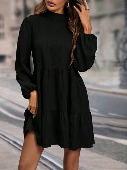 Women Clothing Spring Autumn Solid Color Loose Round Neck Long Sleeved Dress