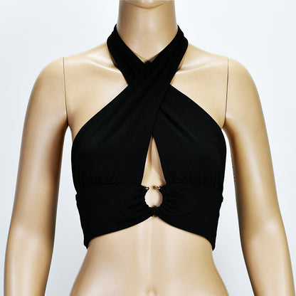 Chaleco sin espalda con cuello halter y corte entallado para mujer, color negro puro, entrecruzado y hueco