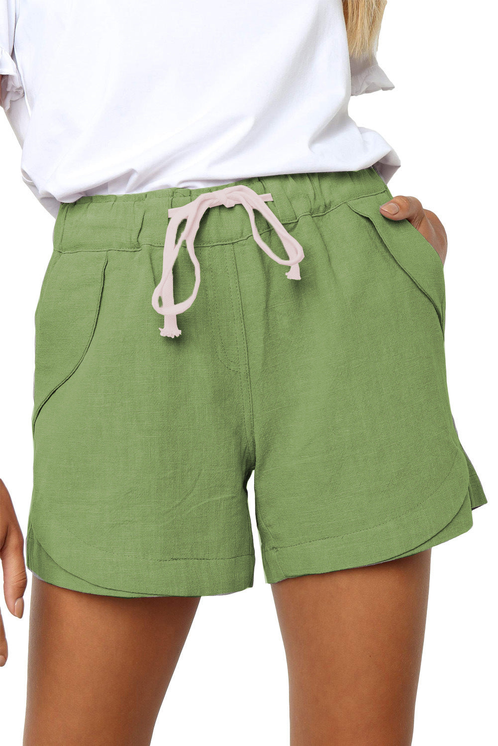 Women Clothing Short Summer Pleated Pocket A Line Stretch Lace Up High Waist Shorts