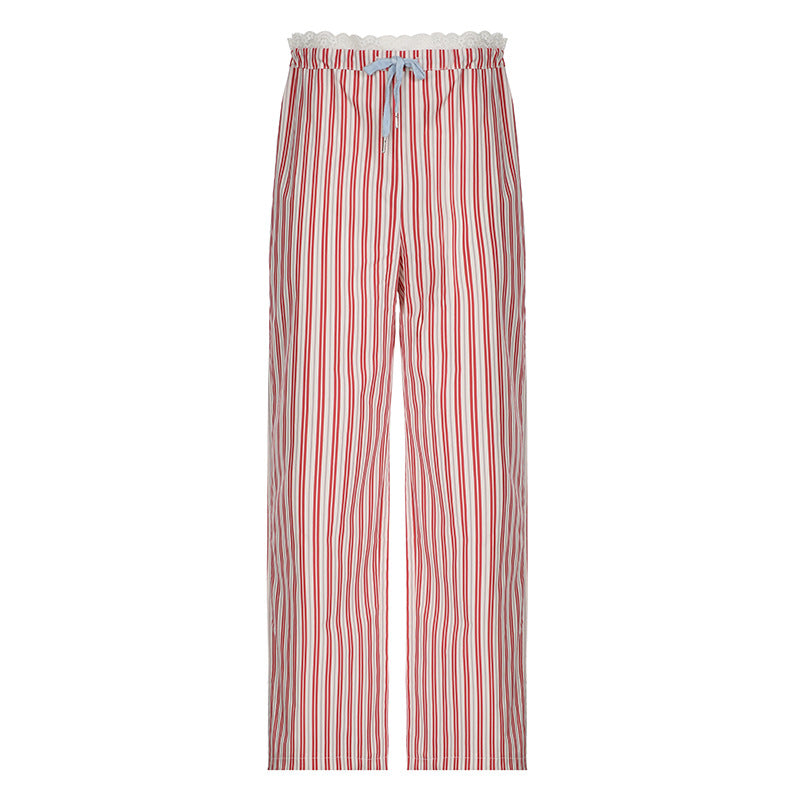 Pantalones informales de dopamina a rayas coloridas inactivas para vacaciones de verano, pantalones de pierna recta con cintura con costuras de encaje para mujer