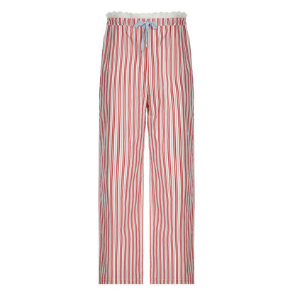 Summer Vacation Idle Colorful Striped Dopamine Casual Pants Women Lace Stitching Waist Straight Leg Trousers