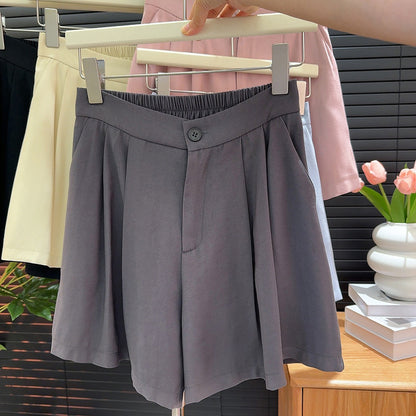 Pantalones cortos informales de verano para mujer, cintura alta, cintura elástica fina, holgados, adelgazantes, línea A, pantalones cortos rectos de pierna ancha