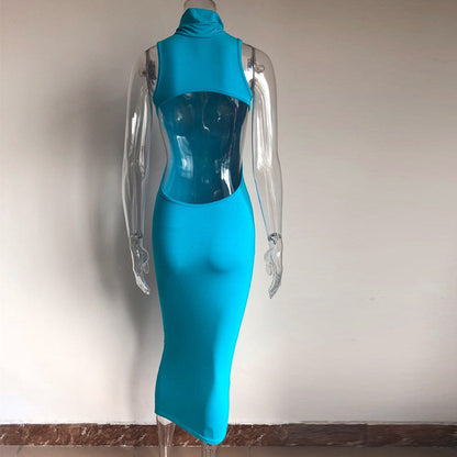 Ropa de mujer Verano Color sólido Cuello redondo Sin mangas Sexy Sin espalda Vestido ajustado Mujer