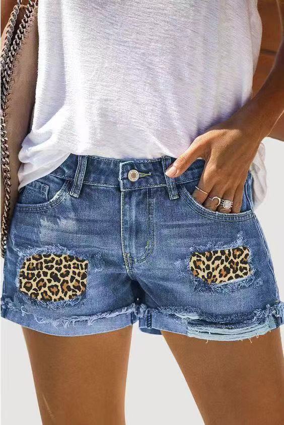 Pantalones vaqueros rasgados de cintura alta Pantalones cortos de mezclilla estampados con parche hipster callejero para mujer