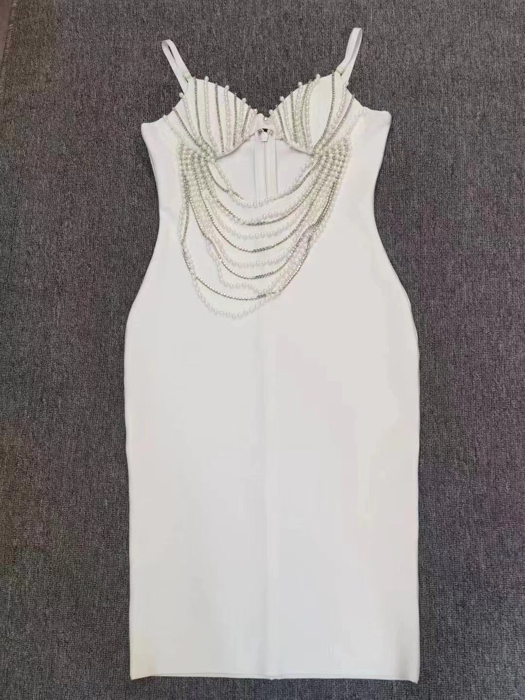Summer Elegant Beaded Rhinestone Chain V neck Strap Dress White Hollow Out Cutout out Bandage Suspender