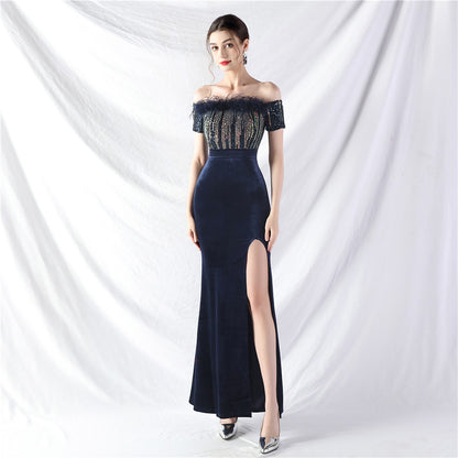 Craft Order Ostrich Fur Velvet off Neck Evening Dress