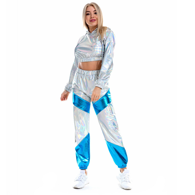 Disfraz de charol para mujer, ropa deportiva de Metal brillante, mono con capucha de manga larga