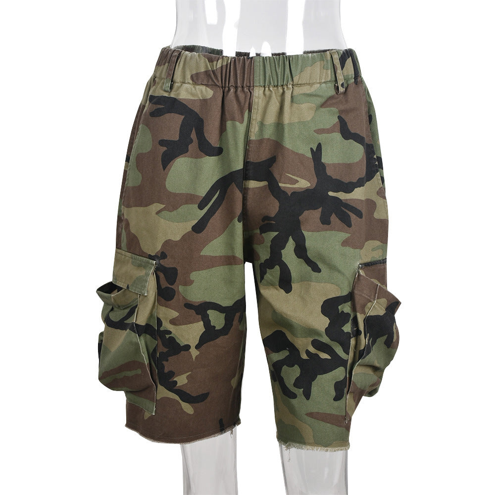 Pantalones cortos casuales con múltiples bolsillos de camuflaje con estampado de letras sueltas sexis de verano para mujer