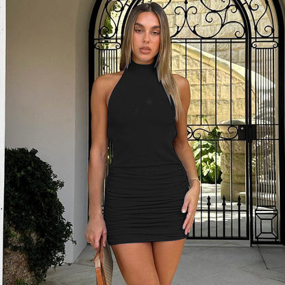 Women Clothing Spring Sexy Hollow Out Cutout Backless Turtleneck Halter Hip Fold Dress Women