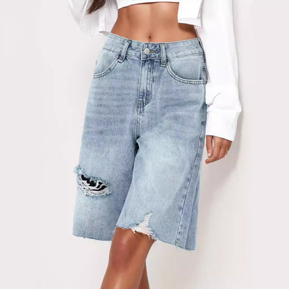 Summer High Waist Retro Worn Jeans Women Distressed Loose Raw Hem Cropped Pants