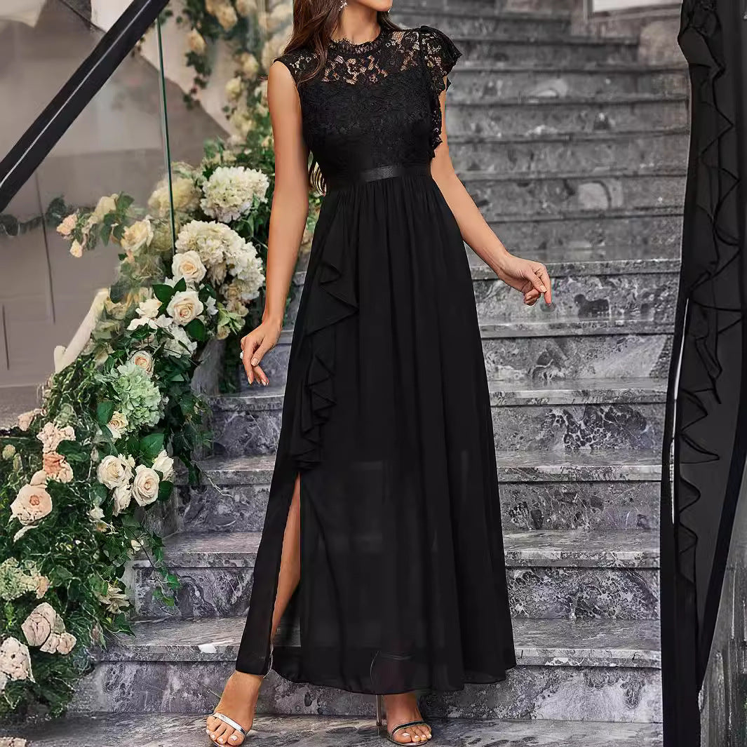 Elegant Lace Chiffon Slim Fit Slit Solid Color Ladies Dress