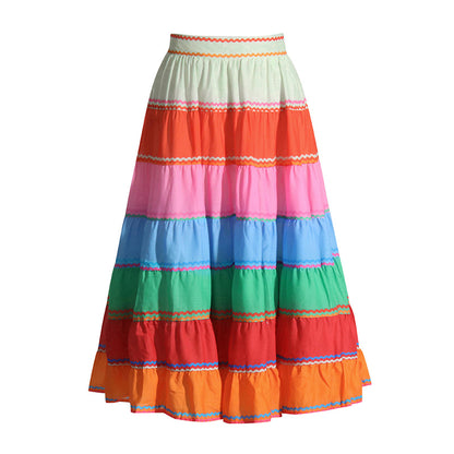 Vacation Rainbow Striped Skirt Autumn High Waist Stitching Colorful Loose Slimming Midi Skirt for Women