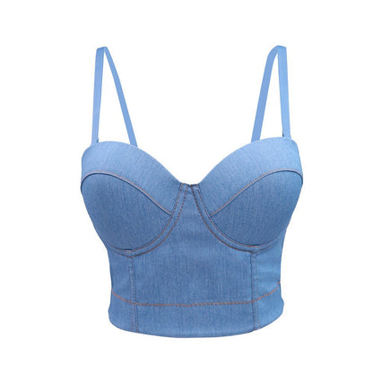 Boning Corset Stretch Denim Camisole Women Summer Short Slim Sexy Backless Inner Wear Base Tube Top