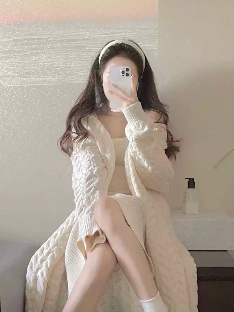 Lait doux vent gluant tricoté costume robe femme 2023 nouveauté élégant mi-long longue longueur Cardigan pull jupe deux pièces ensemble