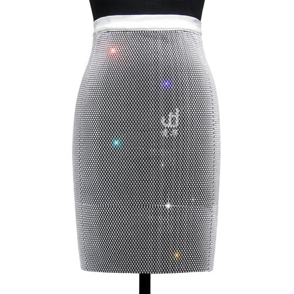 Fashion Women Clothing Rhinestone Grid Sexy Super Shiny Two-Piece Suit Skirt