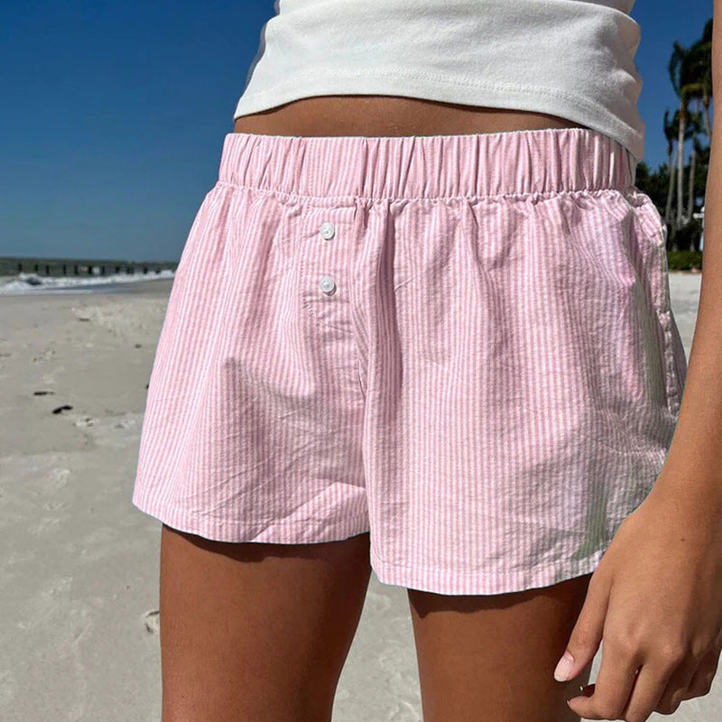 Short de plage à rayures bleues simples pour femmes, pantalon ample, taille élastique, sport, maison, décontracté