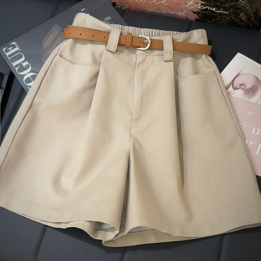 Khaki Workwear Shorts Women Summer Thin Loose Slimming A Line Wide Leg Middle Pants High Waist Cotton Linen Pants