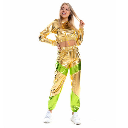 Patent Leather Costume Women Shiny Metal Sportswear Long Sleeve Hooded Top Overalls Suit