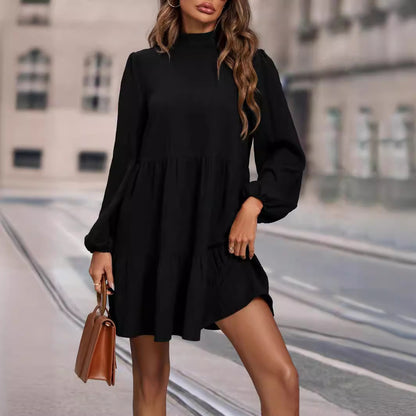 Women Clothing Spring Autumn Solid Color Loose Round Neck Long Sleeved Dress