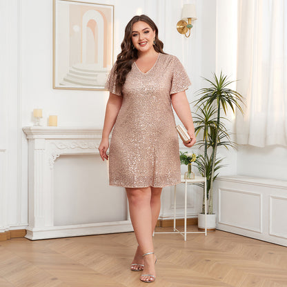 Plus Size Shiny Full Lining Back Zipper Party Short Sleeve Dress V neck Elegant Dress