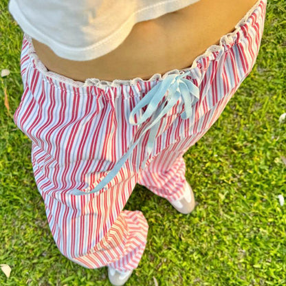 Pantalones informales de dopamina a rayas coloridas inactivas para vacaciones de verano, pantalones de pierna recta con cintura con costuras de encaje para mujer