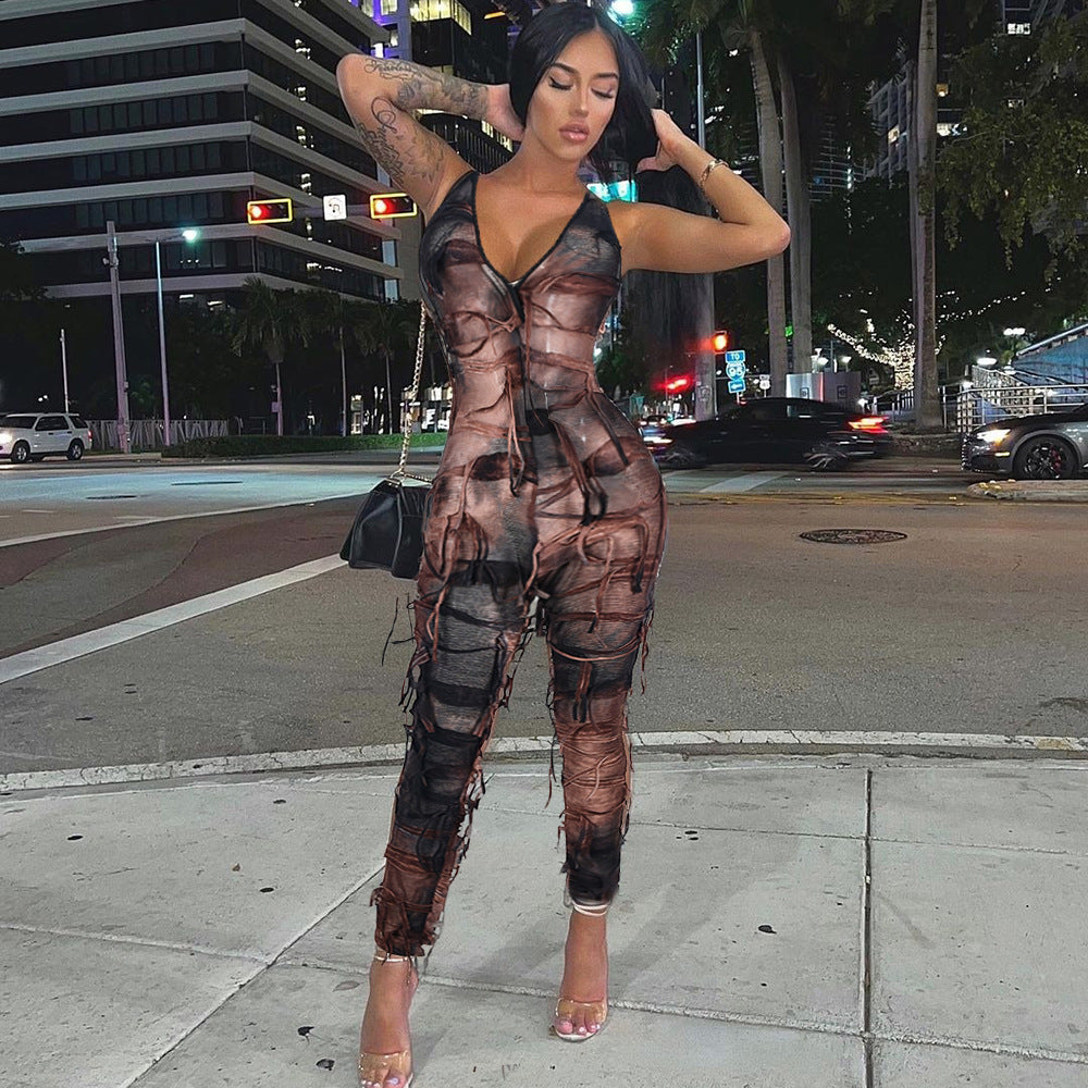 Sexy Cutout Long Halter Ripped Beggar Cloth Jumpsuit Women