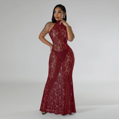 Robe de soirée en dentelle transparente pour femme, tenue sexy, dos nu, gaine, coupe cintrée