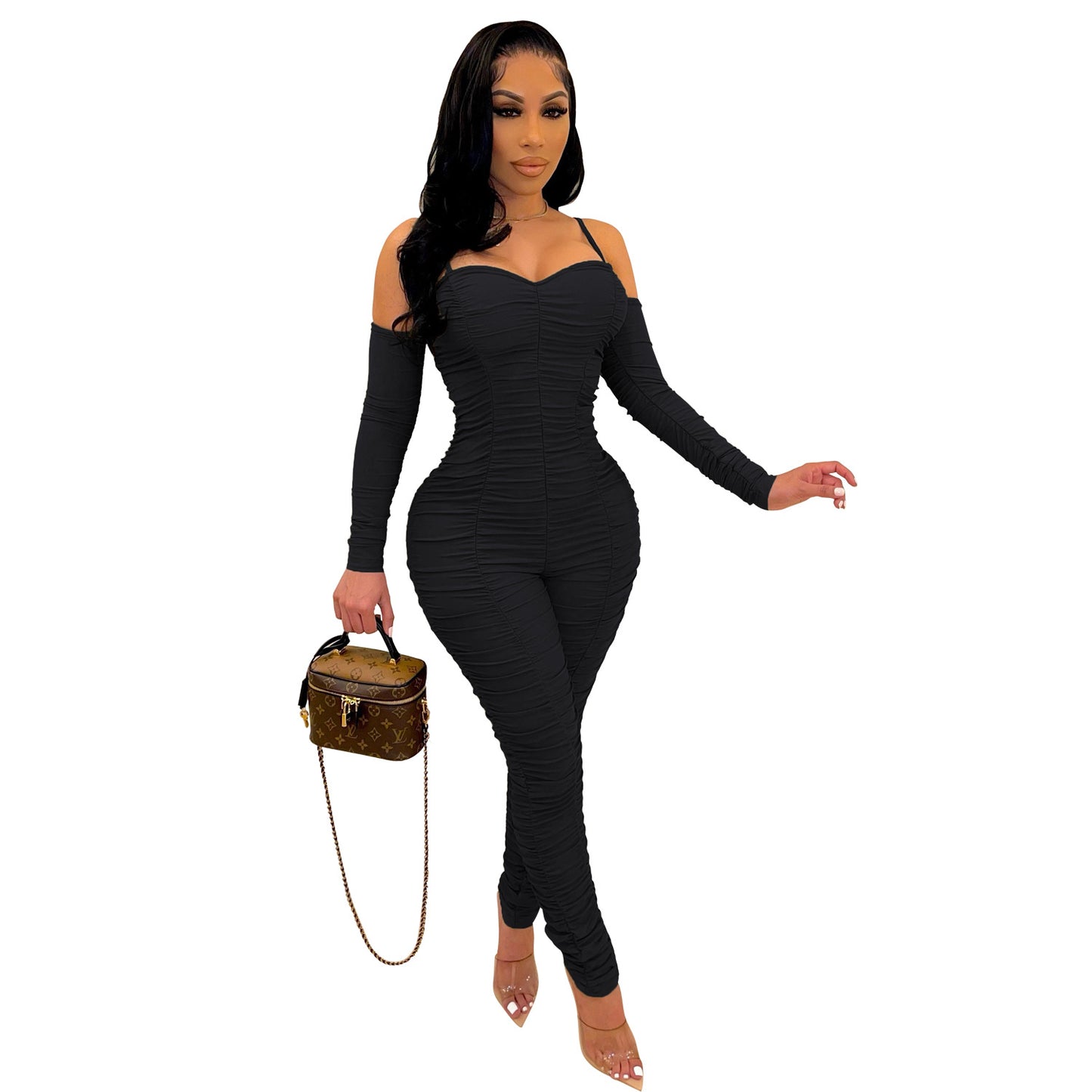 Women Clothing Jumpsuit Sexy Tube Top Long Sleeve Spaghetti-Strap One-Piece Shrink Wrinkle Winter