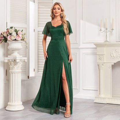 Qualité femmes élégant à manches courtes col carré brillant brillant Tulle robe de soirée une ligne côté fente bal Maxi robe