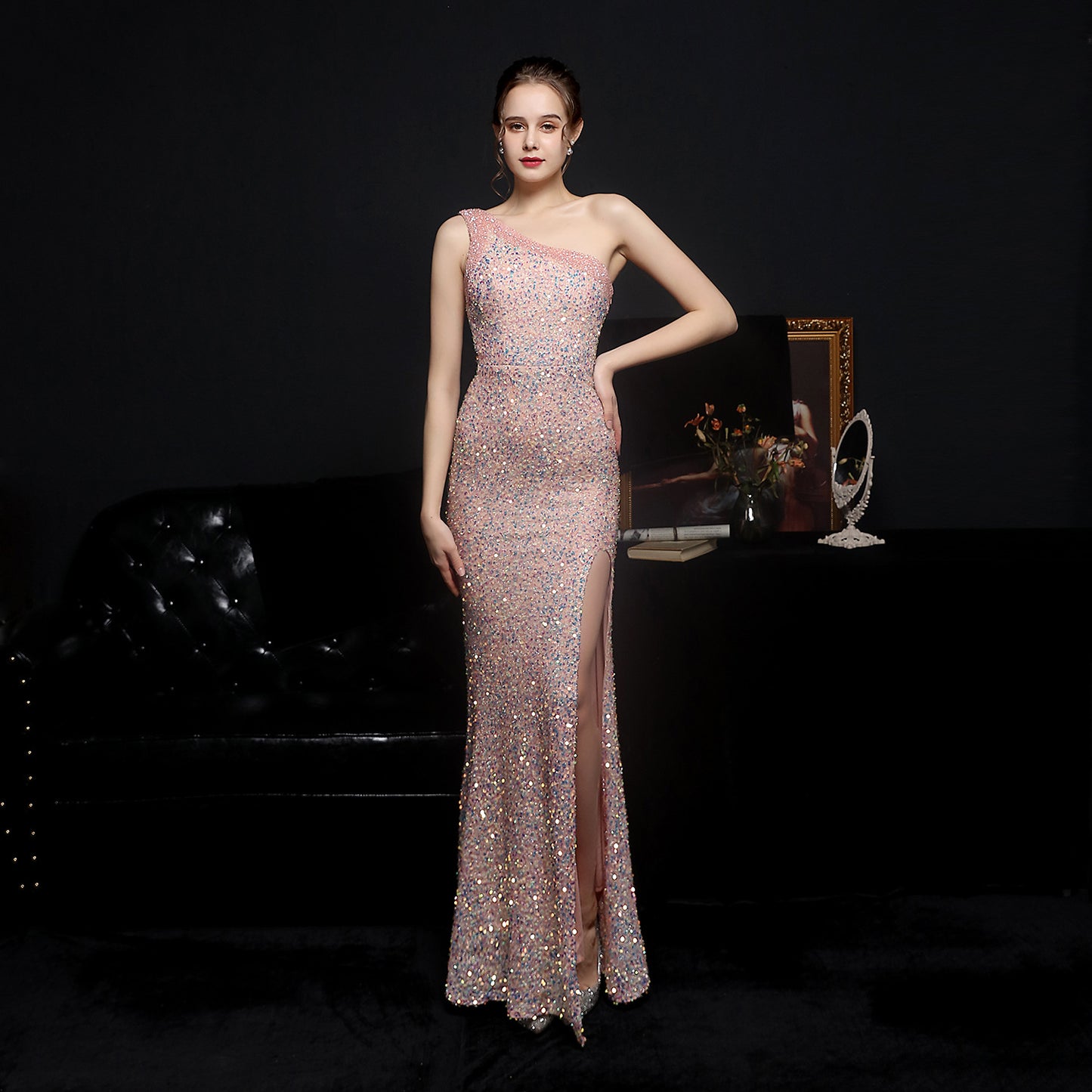 Women Heavy Craft Colorful Sequin Socialite Gathering Party Evening Dress Sexy Long Slimming Toast Dress Bride