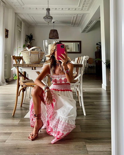 Vestido largo bohemio elástico dulce con estampado de encaje de verano