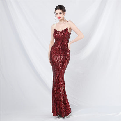 Women Colorful Sequin Suspender Evening Dress