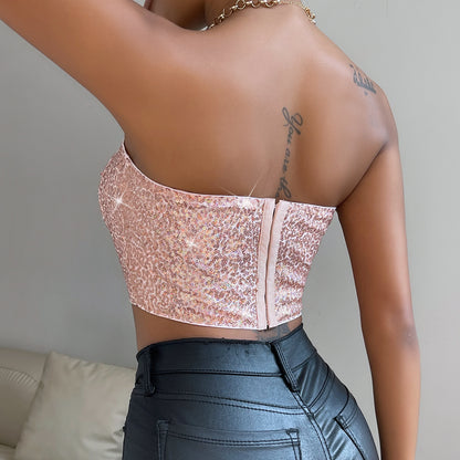 Top sexy à paillettes pour boîte de nuit, haut court et brillant en forme de losange, bustier tubulaire