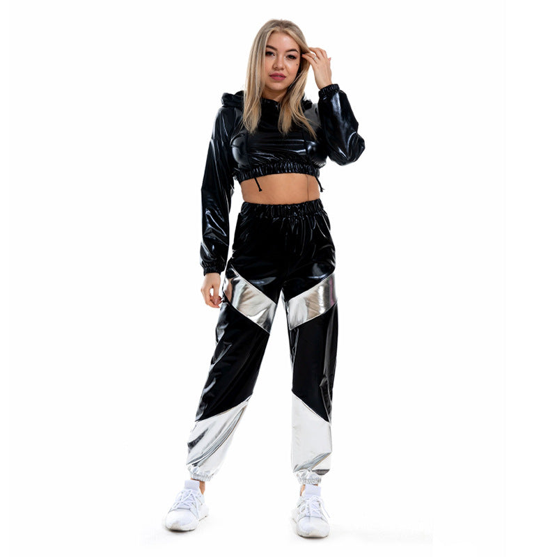 Costume en cuir verni pour femmes, vêtements de sport en métal brillant, manches longues, haut à capuche, salopette