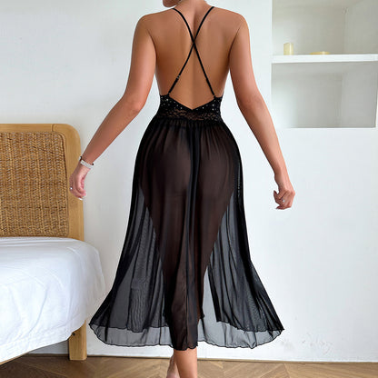 Pajamas Maxi Dress Transparent Long Shiny Slip Nightdress Sexy Lingerie Passion Sexy Mesh One Piece