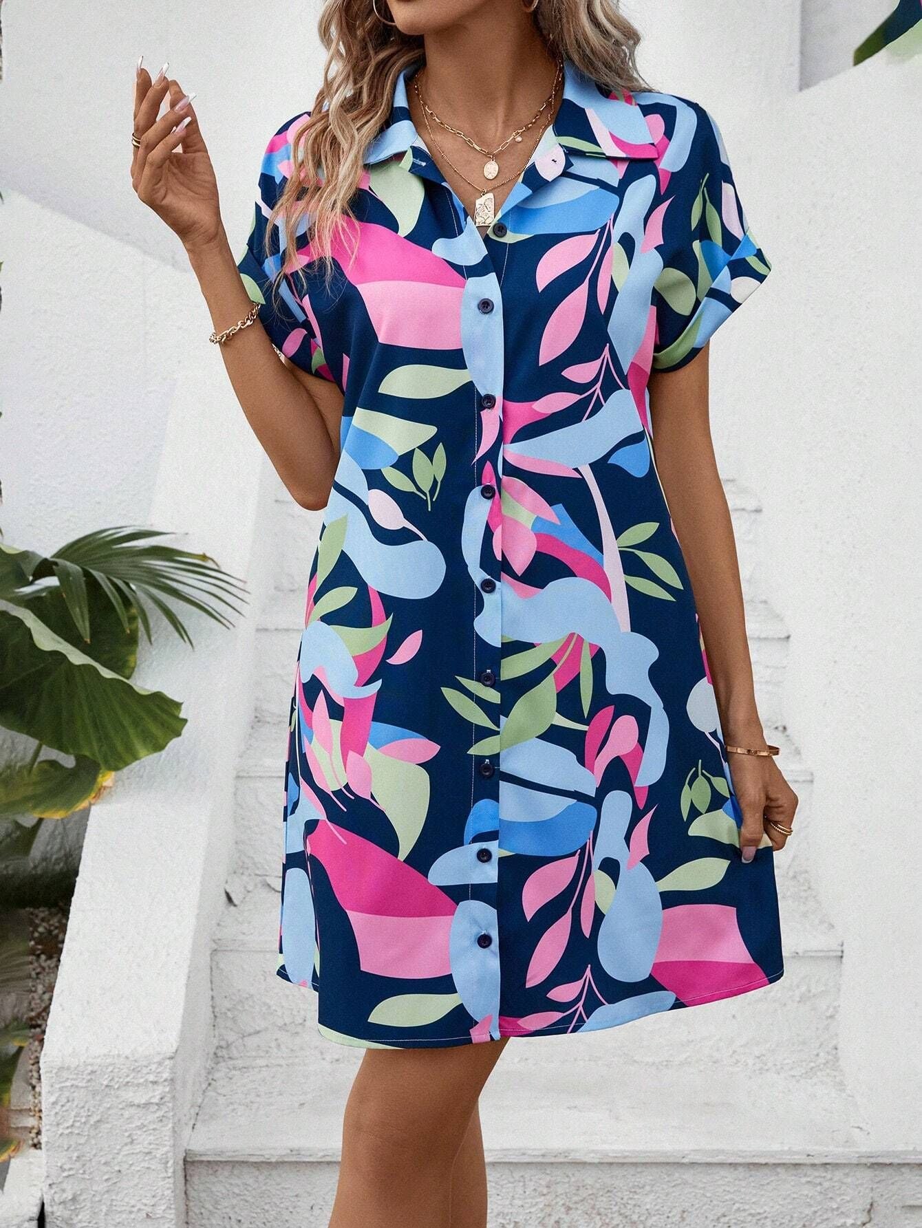 Women Clothing Summer Colorful Floral Printing Cardigan Short Sleeve Shirt Dress