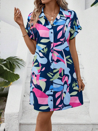 Ropa de mujer Vestido camisero de manga corta con estampado floral colorido de verano