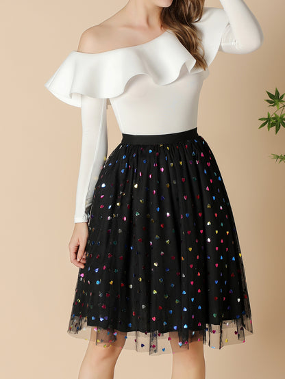 Mesh Skirt Autumn Colorful Polka Dot Printed A Line Skirt Mid Length Elastic Waist Fairy Three Layer Umbrella Skirt