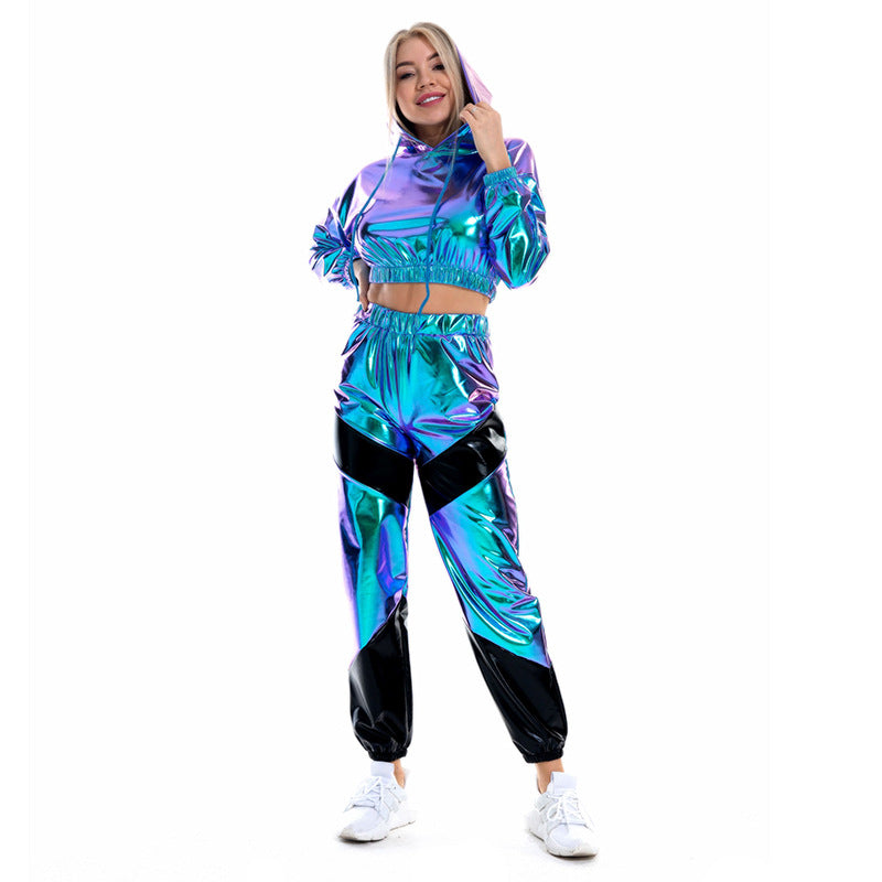 Disfraz de charol para mujer, ropa deportiva de Metal brillante, mono con capucha de manga larga