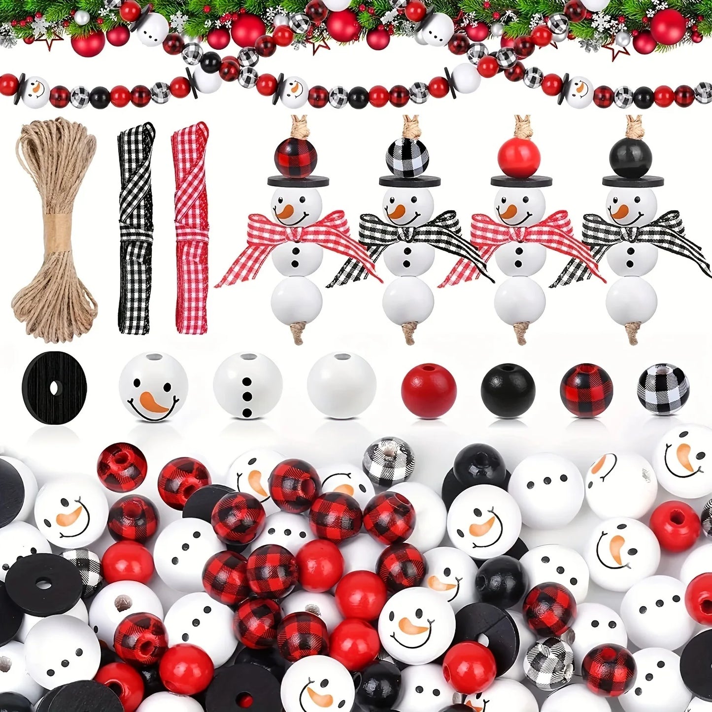 60Pcs Christmas Snowman Wooden Bead Set DIY Christmas Bracelet&Pendant Decoration Combination Creative Handmade Wood Loose Beads