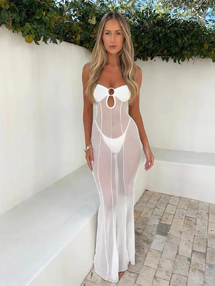 Maille voir à travers évider Sexy fête Club moulante Maxi longue robe femmes automne hiver sans bretelles dos nu Y2K robes Vestido