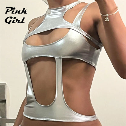 INS Style Silver Sleeveless Crop Top for Women Nightclub Rave Slim Vest Female Summer Casual Wear Sexy Cut Out Tank Tops Y2K