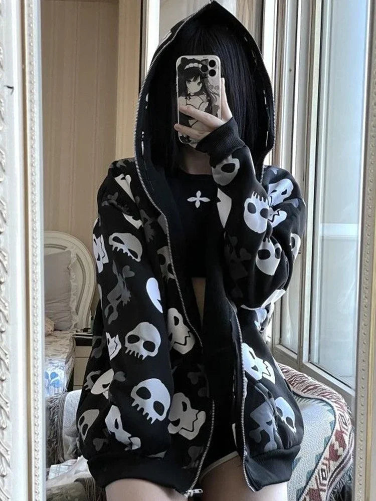 INSCUTEE Harajuku Y2k sudadera de calavera para mujer, gótico oscuro, Cyber ​​Punk, cárdigan de manga larga con cremallera, Sudadera con capucha, ropa de calle, trajes Rave