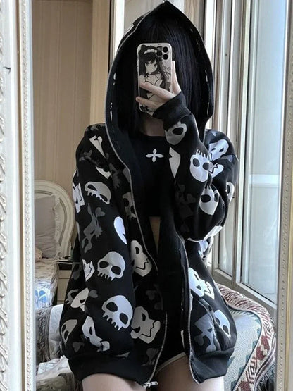 INSCUTEE Harajuku Y2k Skull Sweatshirt Women Dark Gothic Cyber Punk Long Sleeve Zipper Cardigan Hoodie Streetwear Rave Outfits