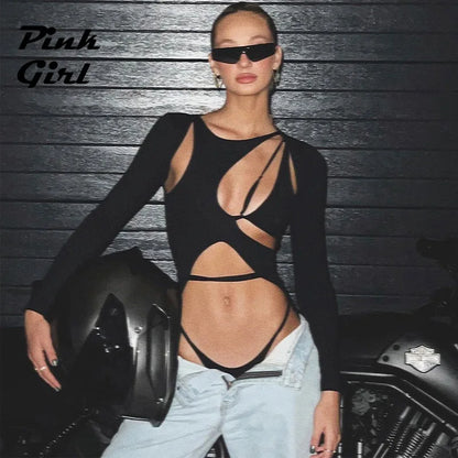 Funky Hot Girl Sexy Black Irregular Hollowed Out Jumpsuit Street Female Bodysuit Party Rave Women Coquette One-piece Thongs 2023