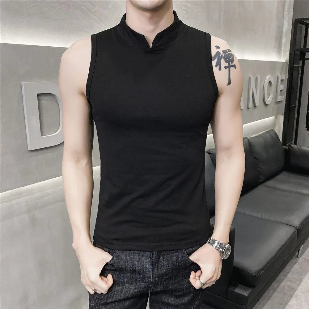 Chaleco Sexy de verano para hombre, camiseta interior deportiva transpirable con cuello alto pequeño, camiseta interior ajustada Sexy sin mangas